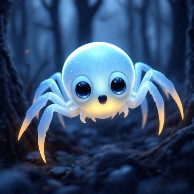 The primary subject of the image is a small, cute, and colorful spider. The setting is a dark forest, with the spider standing on a tree branch. The visual style is a digital art or illustration, creating a whimsical and playful atmosphere. The colors are predominantly blue and yellow, with the spider's body being blue and its legs being yellow. The overall mood of the image is light-hearted and fun.